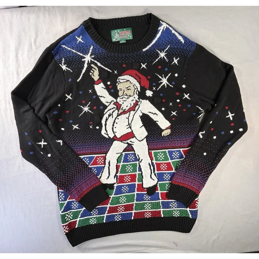 Ugly Christmas Sweater Disco Dancing Santa Men's Large Flashing Disco Lights
